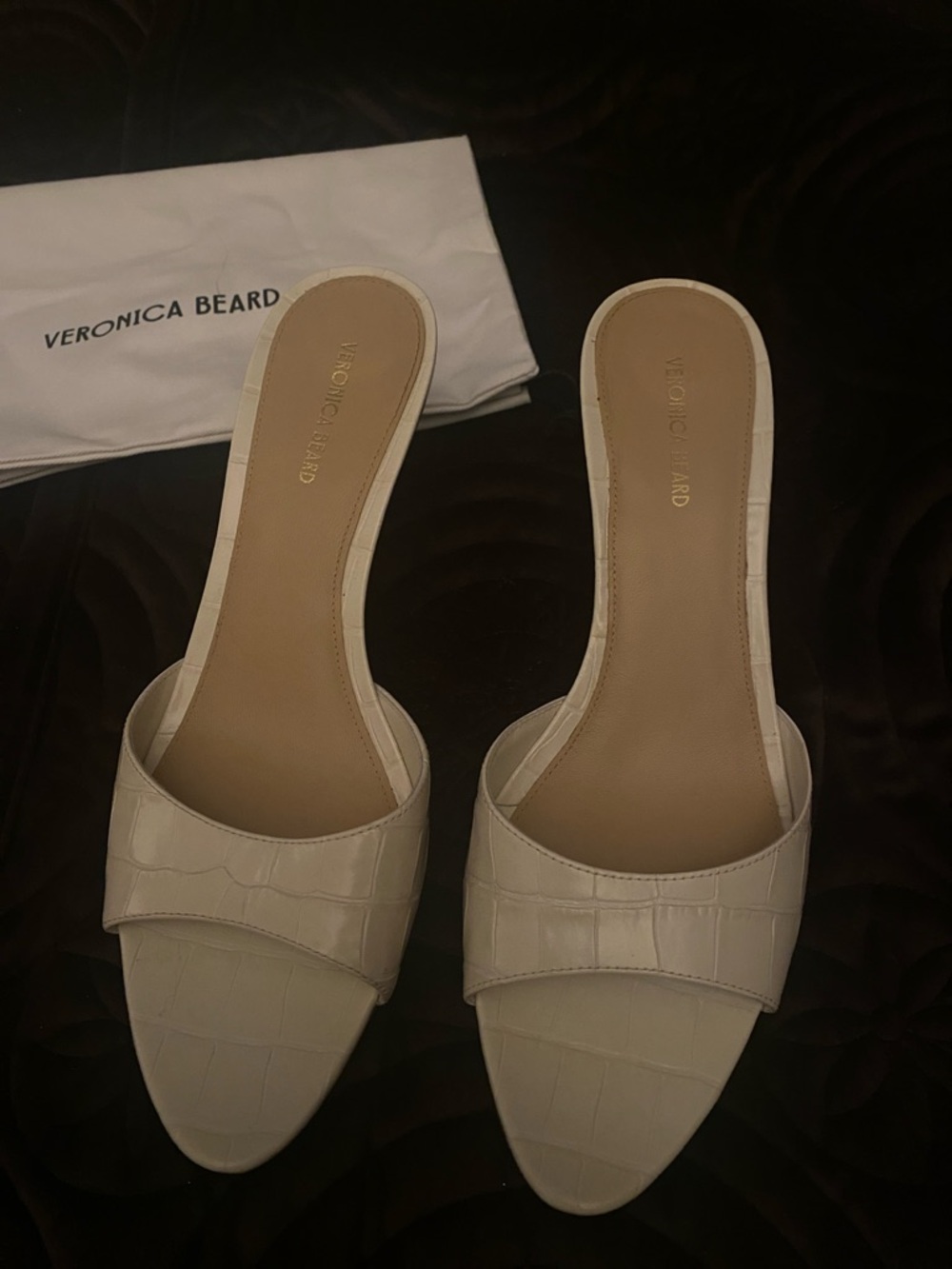 Veronica Beard Ivory Croc-Embossed Slide Mules